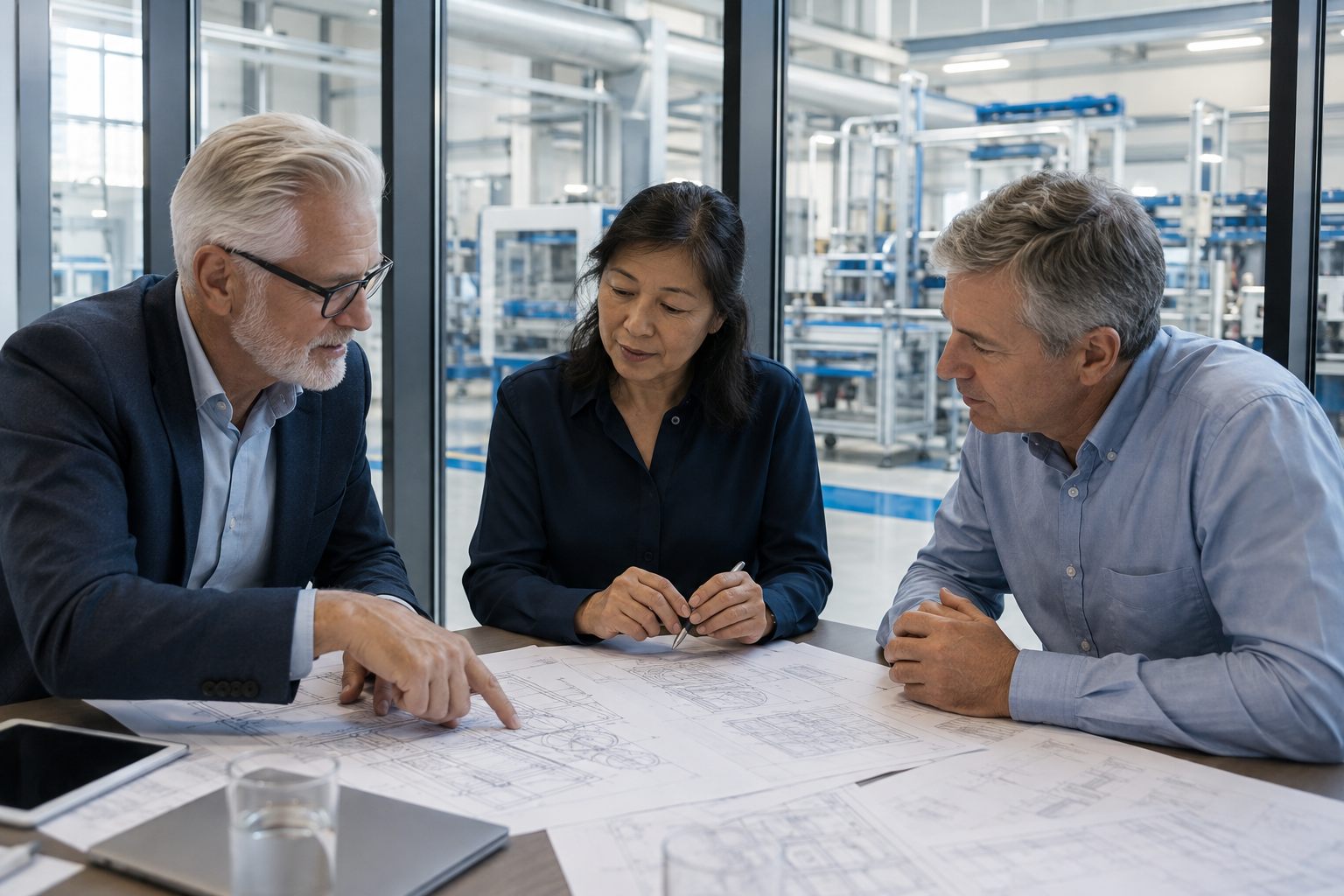 Business and engineering professionals discussing plans near an industrial facility