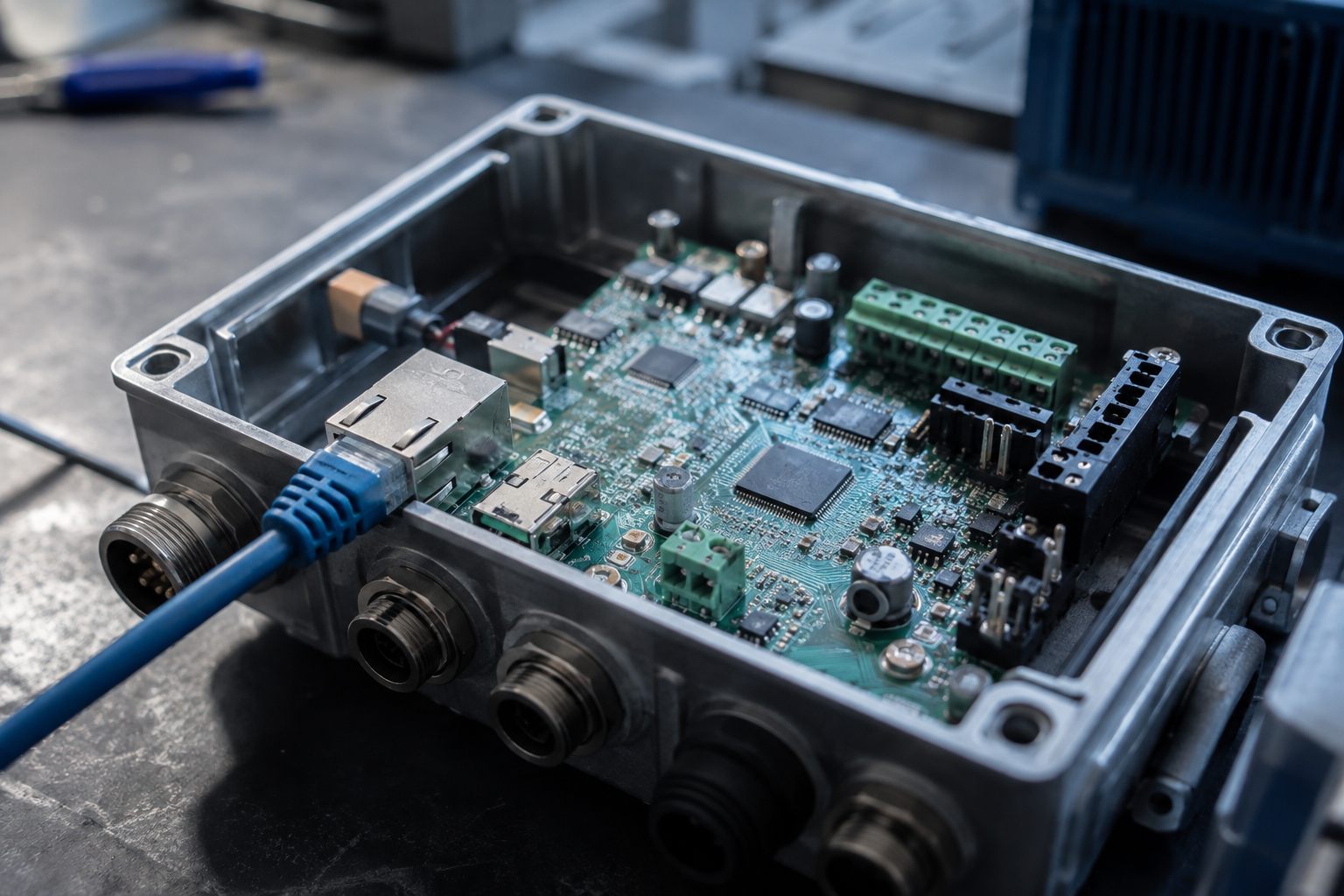 Close-up of industrial control electronics and connected components