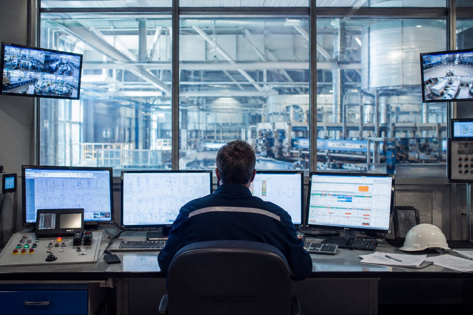 Industrial control room overlooking a production facility