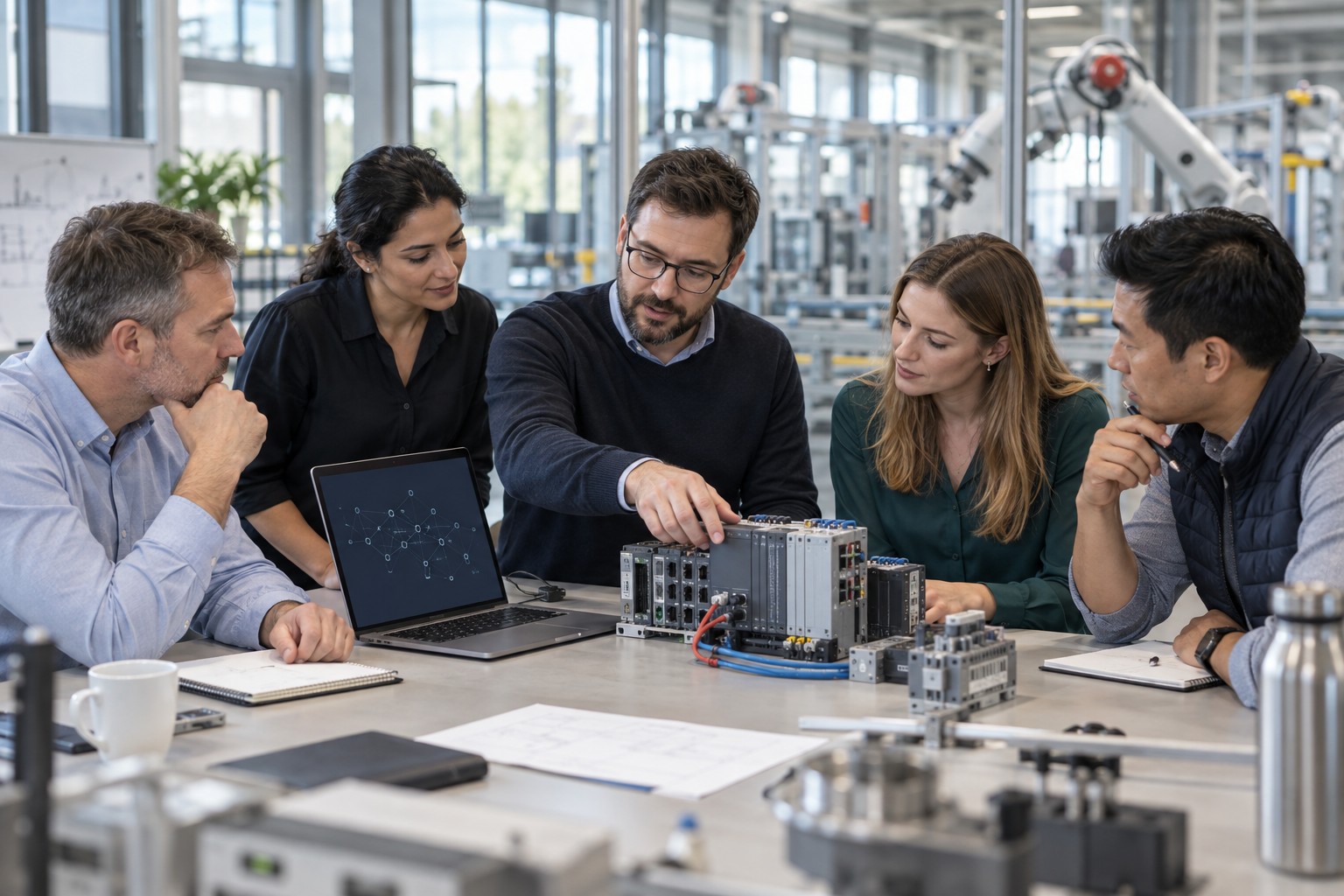 Specialists and a client exploring industrial technology and strategy together
